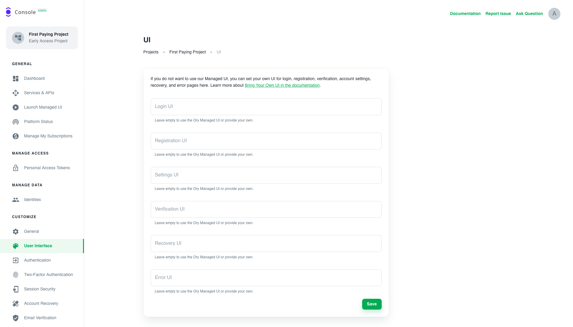 Customize UI Endpoints in the Ory Cloud Console